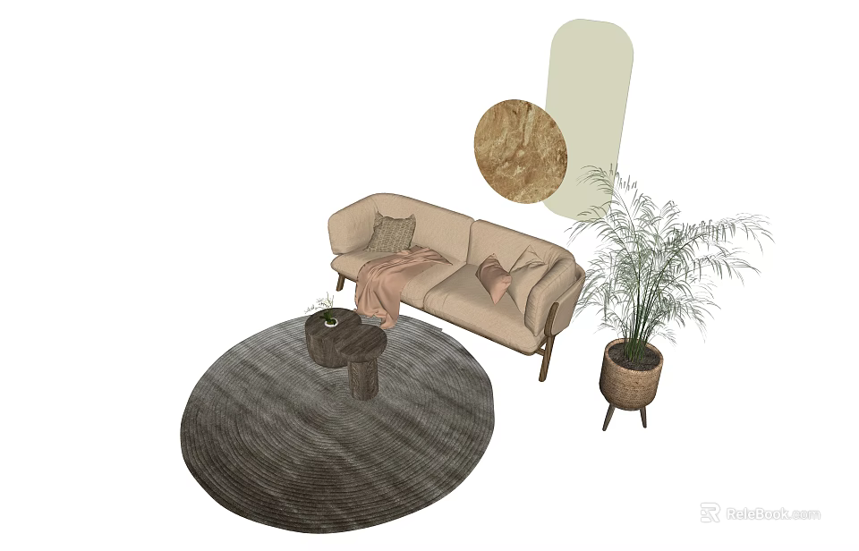 Cozy Two-Seater Sofa with Round Rug Small Coffee Table Pillows Blanket Plant and Wall Art 3d model 