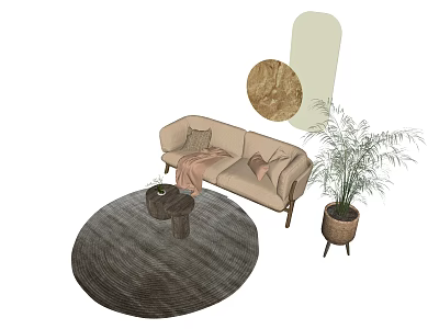 Cozy Two-Seater Sofa with Round Rug Small Coffee Table Pillows Blanket Plant and Wall Art 3d model