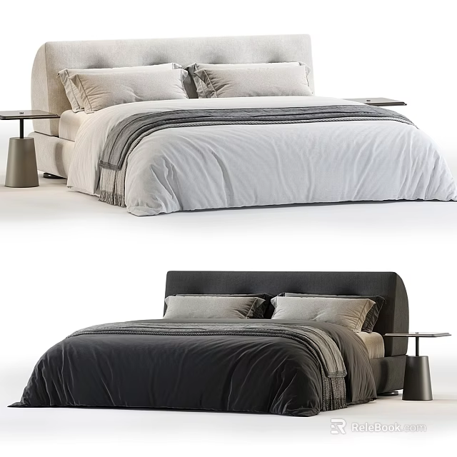 Stylish Double Bed Designs In Light And Dark Gray With Bedding And Nightstands 3d model 