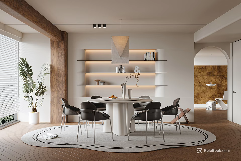 Modern Restaurant with Round White Dining Table Black Chairs Layered Shelves Green Plant Pendant Light 3d model 