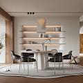 Modern Restaurant with Round White Dining Table Black Chairs Layered Shelves Green Plant Pendant Light