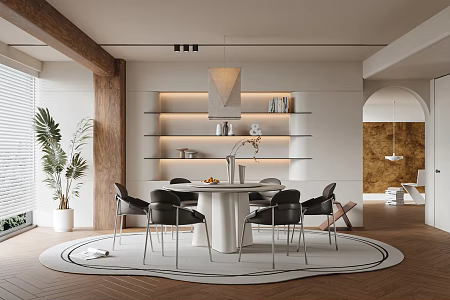 Mid-ancient style restaurant dining table and chair dining chair floor lamp chandelier carpet ornaments potted plant 3d model