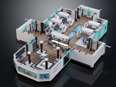 Cartoon Clinic Interior Scene With Multiple Rooms Chairs Tables And Blue Decorations 3d model