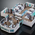 Cartoon Clinic Interior Scene With Multiple Rooms Chairs Tables And Blue Decorations
