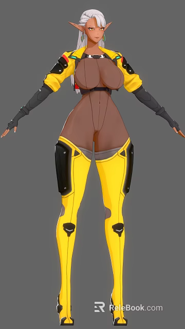 Futuristic Combat Character Design With Brown Torso Black Arm Guards And Yellow Leg Guards 3d model 