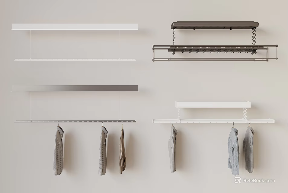Wall Mounted Clothing Racks In Different Designs With Hanging Clothes 3d model 