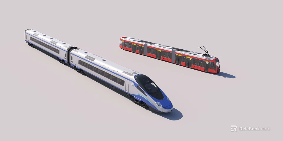White and Blue High Speed Train and Red Black Tram with Streamlined Design and Pantograph 3d model 