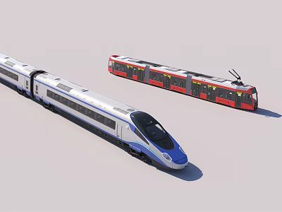White and Blue High Speed Train and Red Black Tram with Streamlined Design and Pantograph 3d model