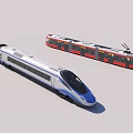 White and Blue High Speed Train and Red Black Tram with Streamlined Design and Pantograph