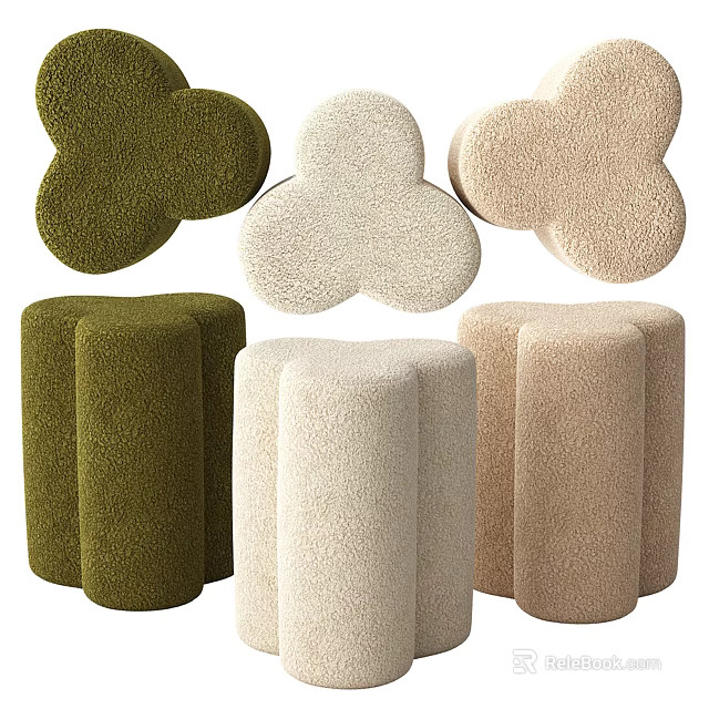 Multicolored Plush Stools With Green Cream Beige Petal Shaped And Cylindrical Designs 3d model 