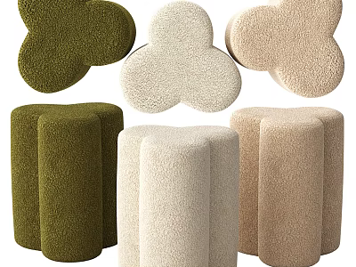 Multicolored Plush Stools With Green Cream Beige Petal Shaped And Cylindrical Designs 3d model