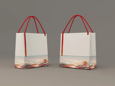 White Tote Bags With Red Handles And Colorful Scenic Bottom Prints 3d model