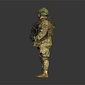 Military Soldier In Camouflage Uniform With Helmet And Rifle Standing Against Gray Background