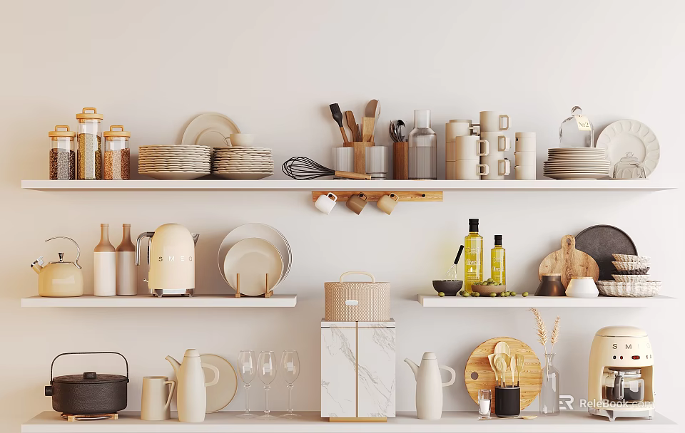 Stylish Tableware Set on White Kitchen Shelves with Jars Plates Utensils Coffee Maker and Bottles 3d model 