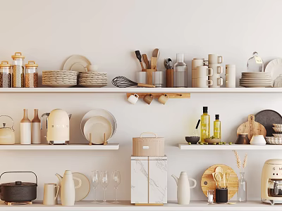 Stylish Tableware Set on White Kitchen Shelves with Jars Plates Utensils Coffee Maker and Bottles 3d model