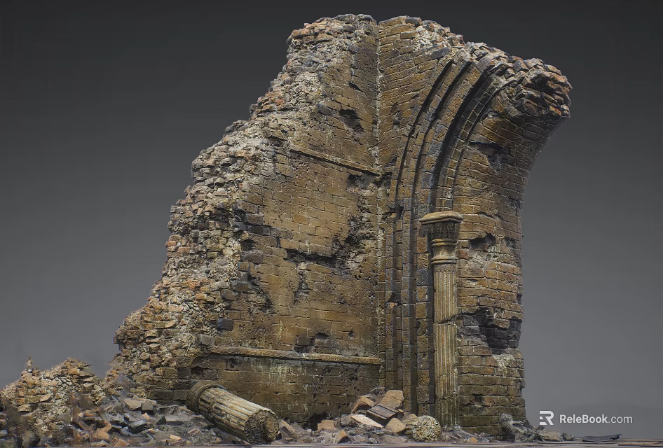 Ancient Architectural Ruins Featuring Ruined Brick Wall Arched Structure And Columns With Debris 3d model
