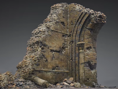Ancient Architectural Ruins Featuring Ruined Brick Wall Arched Structure And Columns With Debris 3d model