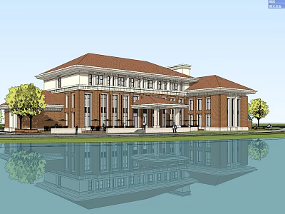 Two Story Red Brick Building With Red Roof Trees In Front And Water Pond Reflection 3d model