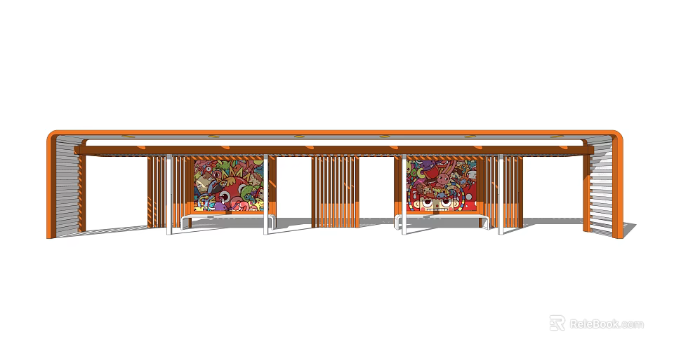 Stylish Outdoor Wooden Pergola Design With Colorful Decorative Panels And Columns 3d model 