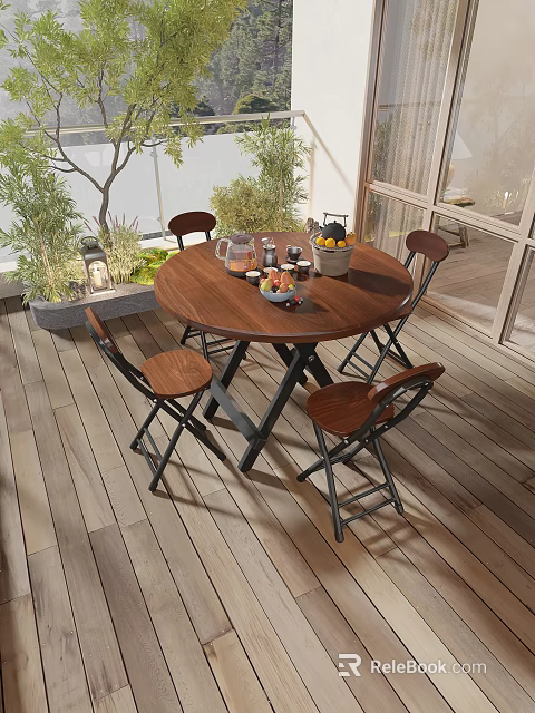 Home Balcony Design With Wooden Round Table Foldable Chairs Green Plants And Lantern 3d model 