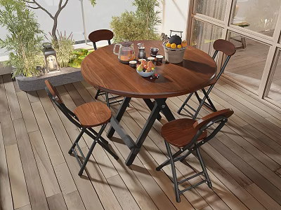 Home Balcony Design With Wooden Round Table Foldable Chairs Green Plants And Lantern 3d model