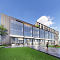 Modern Office Building With Glass Curtain Wall Entrance Design And Surrounding Trees