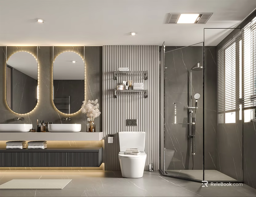Modern Bathroom Interior Design With Double Mirrors Vanity Toilet And Glass Shower Enclosure 3d model 