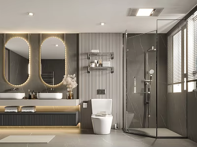 Modern Bathroom Interior Design With Double Mirrors Vanity Toilet And Glass Shower Enclosure 3d model
