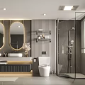 Modern Bathroom Interior Design With Double Mirrors Vanity Toilet And Glass Shower Enclosure