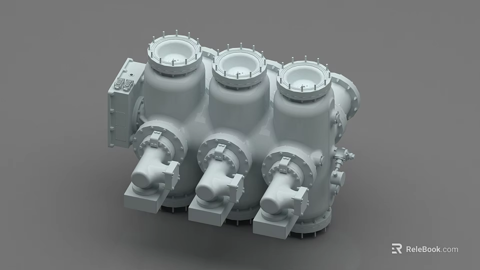 Industrial Equipment Featuring Three Cylindrical Units With Top Covers And Bottom Connectors 3d model 