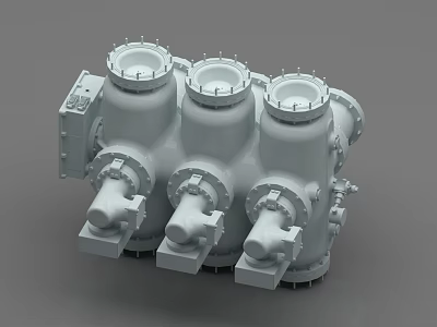 Industrial Equipment Featuring Three Cylindrical Units With Top Covers And Bottom Connectors 3d model