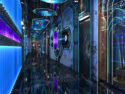 Futuristic KTV Interior Design With Neon Lights Blue Purple Lighting And Reflective Floor 3d model