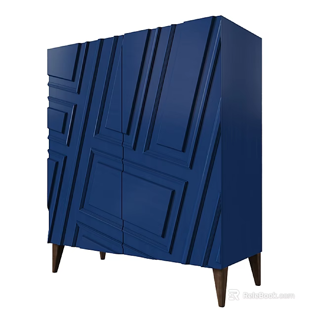 Blue Modern Console Cabinet With Geometric Panel Design And Wooden Legs 3d model 