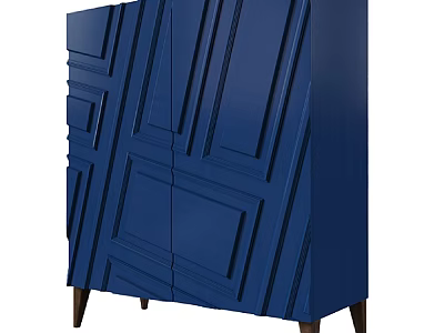 Blue Modern Console Cabinet With Geometric Panel Design And Wooden Legs 3d model