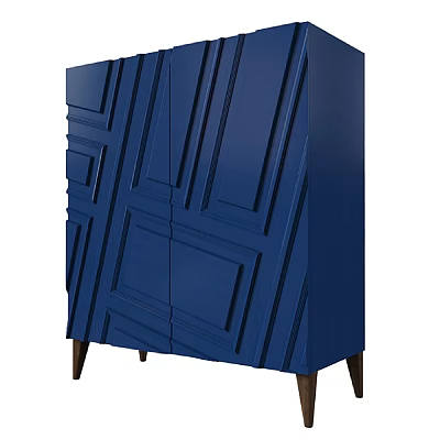 Blue Modern Console Cabinet With Geometric Panel Design And Wooden Legs 3d model