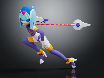 3D Character Model With Blue Hair Purple Outfit And Jumping Pose Holding Decorative Spear 3d model