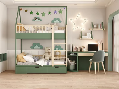 Cozy Modern Kids Room With Green Bunk Bed And Star Decor 3d model