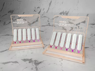 Decorative Cosmetic Display Stand Set with White Lipstick Holders Golden Frame Pink Accents Marble Background 3d model