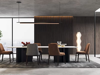 Modern Restaurant Interior Design With Long Table Chairs Wooden Wall And Pendant Lights 3d model
