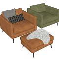 Brown Green Leather Single Sofa With Ottoman Furry Blanket And Decorative Pillow