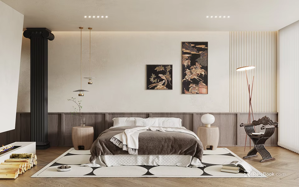 Modern Bedroom Interior Design With Bed Area Rug Artworks Chandeliers And Nightstands 3d model 