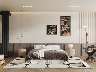 Modern Bedroom Interior Design With Bed Area Rug Artworks Chandeliers And Nightstands 3d model