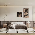 Modern Bedroom Interior Design With Bed Area Rug Artworks Chandeliers And Nightstands