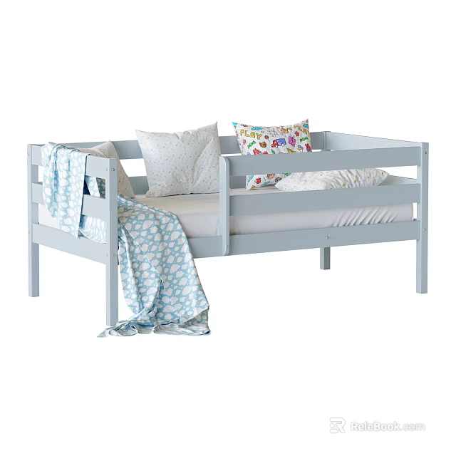 Light Blue Kids Bed With Guardrails Pillows And Soft Blanket 3d model 