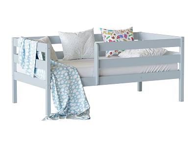 Light Blue Kids Bed With Guardrails Pillows And Soft Blanket 3d model