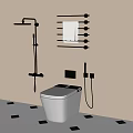 Modern White Toilet With Gold Fixtures Light Colored Walls And Black White Floor Tiles