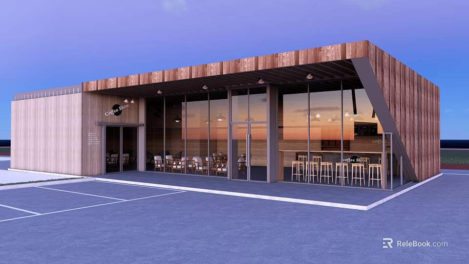 Modern Museum Building With Wooden Roof And Large Glass Windows Outdoor Seating 3d model 