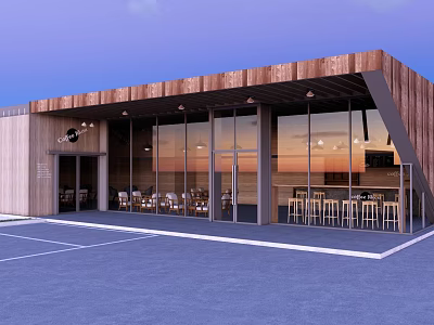 Modern Museum Building With Wooden Roof And Large Glass Windows Outdoor Seating 3d model