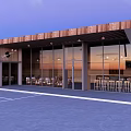Modern Museum Building With Wooden Roof And Large Glass Windows Outdoor Seating