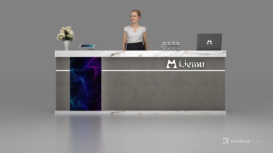 Modern Reception Desk With Gray Surface Marble Countertop Flower Vase Tablet Laptop And Liemu Logo 3d model 